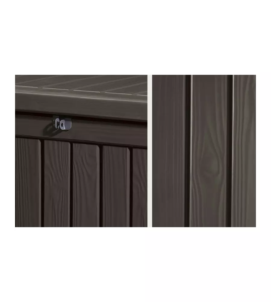 Baule da esterno keter "rockwood" in resina marrone effetto legno 570 lt 155x72,4x64,4 cm